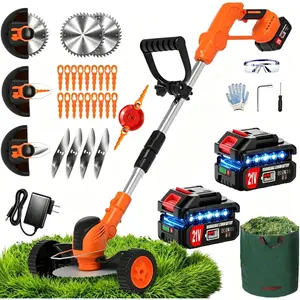 Cordless Weed Wacker Electric, with 2 count 3000mAh , 21V  String Trimmers, Lightweight Weed Cordless Eater, Grass Trimmer  , Suitable for Courtyard Gardens (Orange)