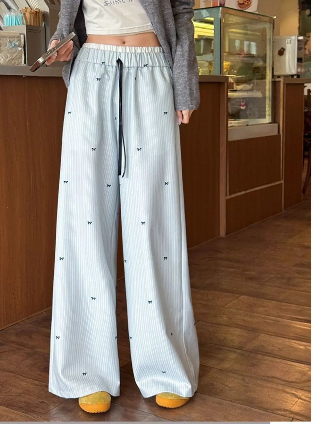 Light Blue Striped Bow Embroidery Adjustable Drawstring Casual High Rise Wide-Leg Pants | Coquette Casual Aesthetic | High-Waisted & Loose Fit | Versatile Daily Wear | Perfect for Soft/Comfy Fans | Bottoms