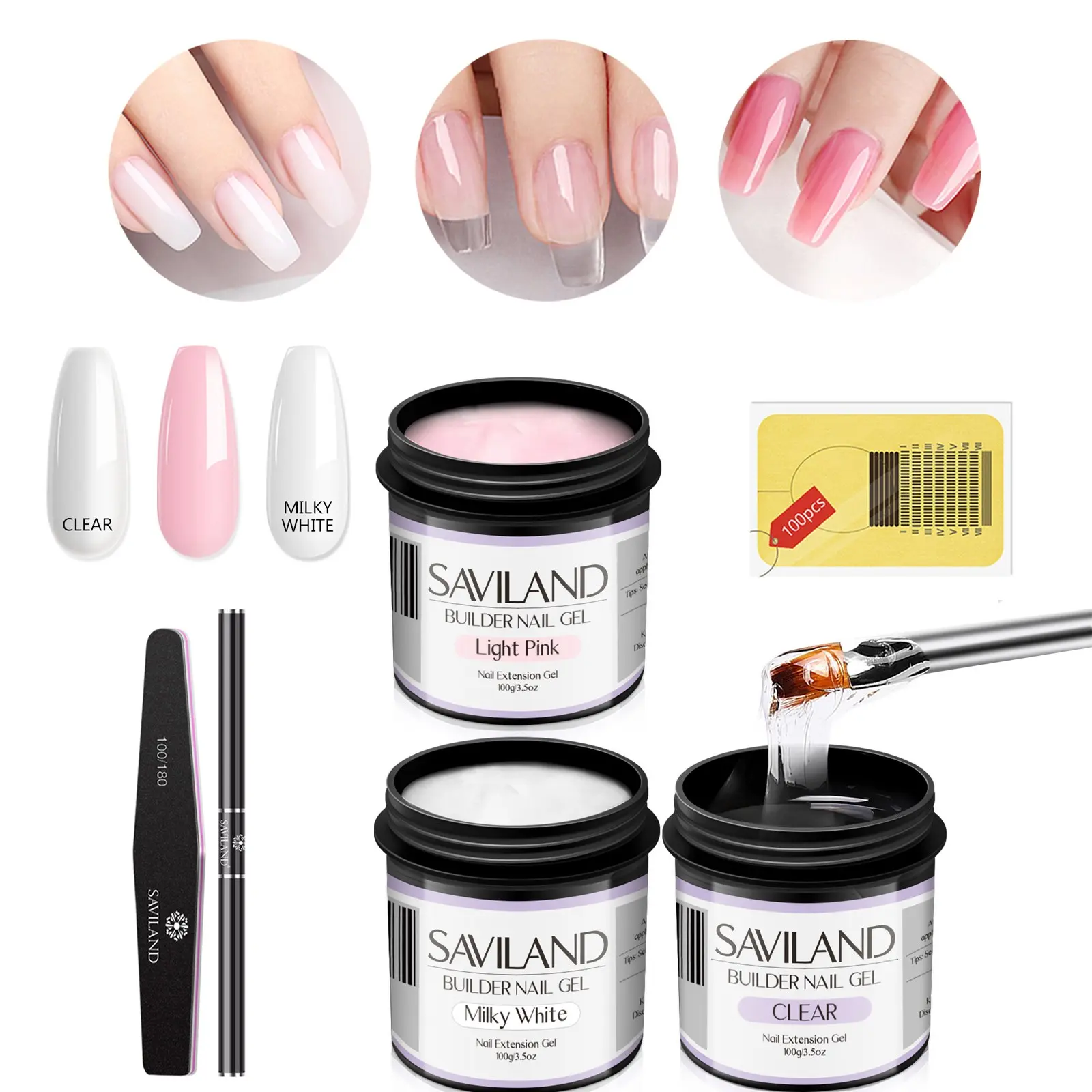 SAVILAND 3PC Builder Nail Gel Kit Gel Nail Set 3.53oz Clear Light Pink Milky White Hard Gel Soak Off UV Gel for Nail Extension with Nail Brush Home DIY Manicure