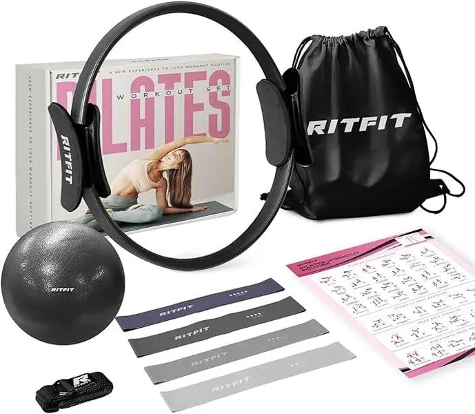 RITFIT Pilates Ring Set, 14 in Magic Circle with Padded Handles and Fiberglass Core, Home Yoga Equipment for Adults, Includes Ball and Bands