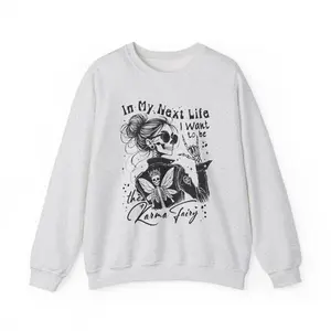 Karma Fairy Skeleton Illustration Crewneck Sweatshirt Goth Skull Art Boho Butterfly Fitted Long Sleeve Medium Length Casual Rock Autumn