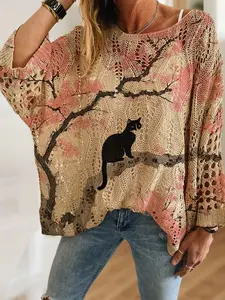 Women's Vintage Colorblock Ink Painting Plum Tree Cat Animal Print Knit Hollow Out Batwing Top Loose, Casual Elegant Vacation Style Sweater, Knitwear