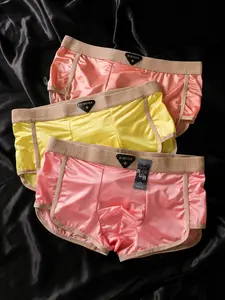 Men's Satin Trimmed Shorts, Luxury Fashion Morandi Colors, Soft Comfortable Fitted Underwear, Breathable Briefs, Casual Elegant Underwear, Casual Style for Home & Vacation Use, Boxer Briefs Set