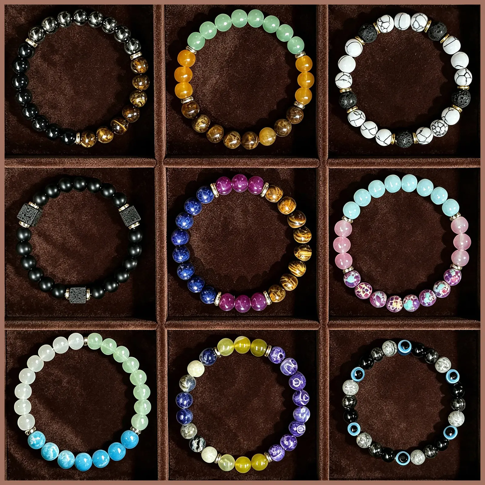 Women's 9-Piece 8mm Polished Artificial Crystal Elastic Cord Bracelets Set (7.1in) - Rose Quartz, Amethyst, Black Onyx Unisex Healing Stones Wristwear for Stress Relief, Holiday Gifting, Gifts for Women