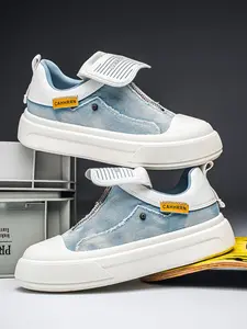 Summer New Men's Denim Patchwork Frayed Edge Retro Wear, Flip Cover Lining Letter Label, Thick Sole Height Boost, Soft Comfortable Board Shoes