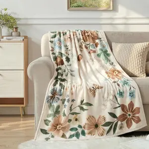 Beige Border Floral Boho Soft Flannel Throw Blanket, Multi-Size Options, Cozy Decorative Blanket for Couch Bed Chair Dorm Living Room Spring Home Decor, Ideal Valentine’s Day & Birthday Gift for Women Girls Mom