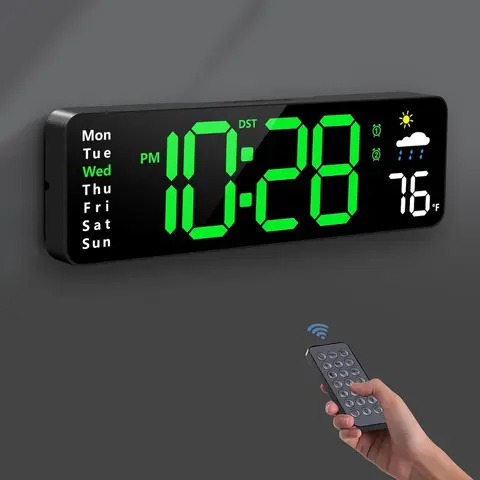 Digital LED Wall Clock with Large Display, Remote Control, Date, Week, Temperature, Humidity, Auto DST, Countdown Function, for Living Room Bedroom Classroom Office, Home Decor, Decorative Wall Clock