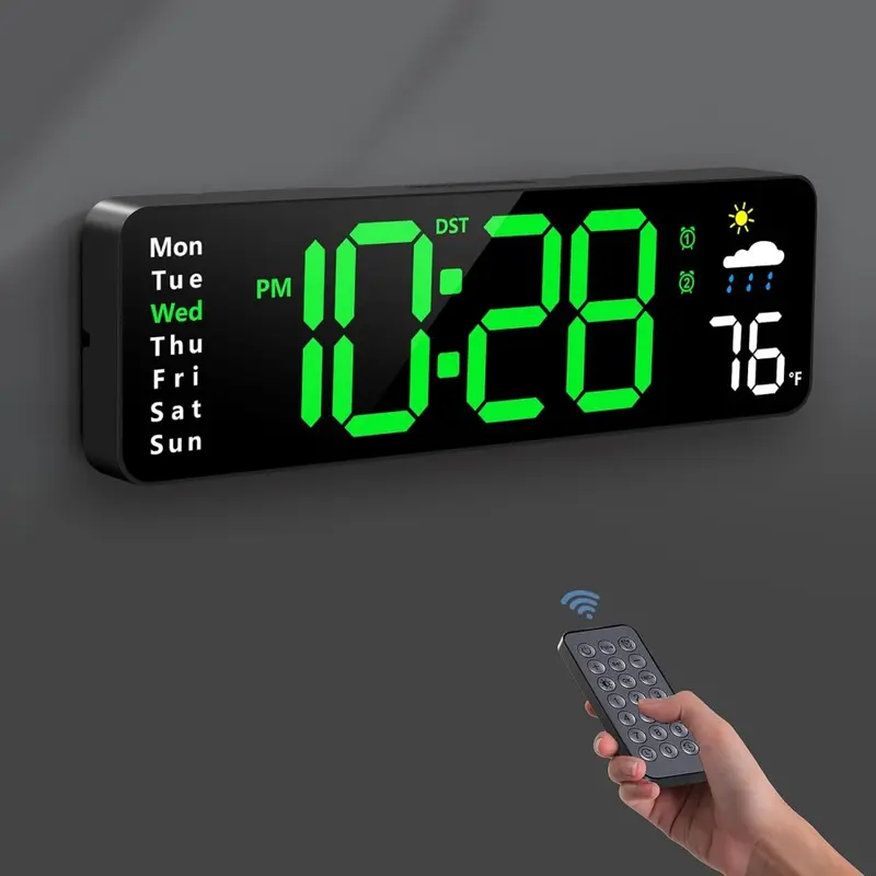 Digital LED Wall Clock with Large Display, Remote Control, Date, Week, Temperature, Humidity, Auto DST, Countdown Function, for Living Room Bedroom Classroom Office, Home Decor, Decorative Wall Clock
