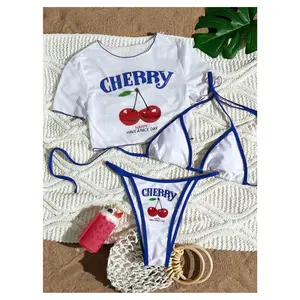 Women's Bikini Set 3 Piece - Cherry Print Triangle Bikini with Blue Trim & Crop Top Cover Up - White Swimsuit for Women - Summer Beach Swimwear L