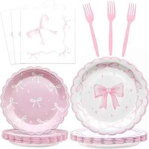 96Pcs Pink Bow Party Supplies Disposable Tableware Set Serve 24 Guests Include Pink Bow Plates and Napkins Forks for Bachelorette Bridal Engagement  Shower Coquette Birthday Party Decorations