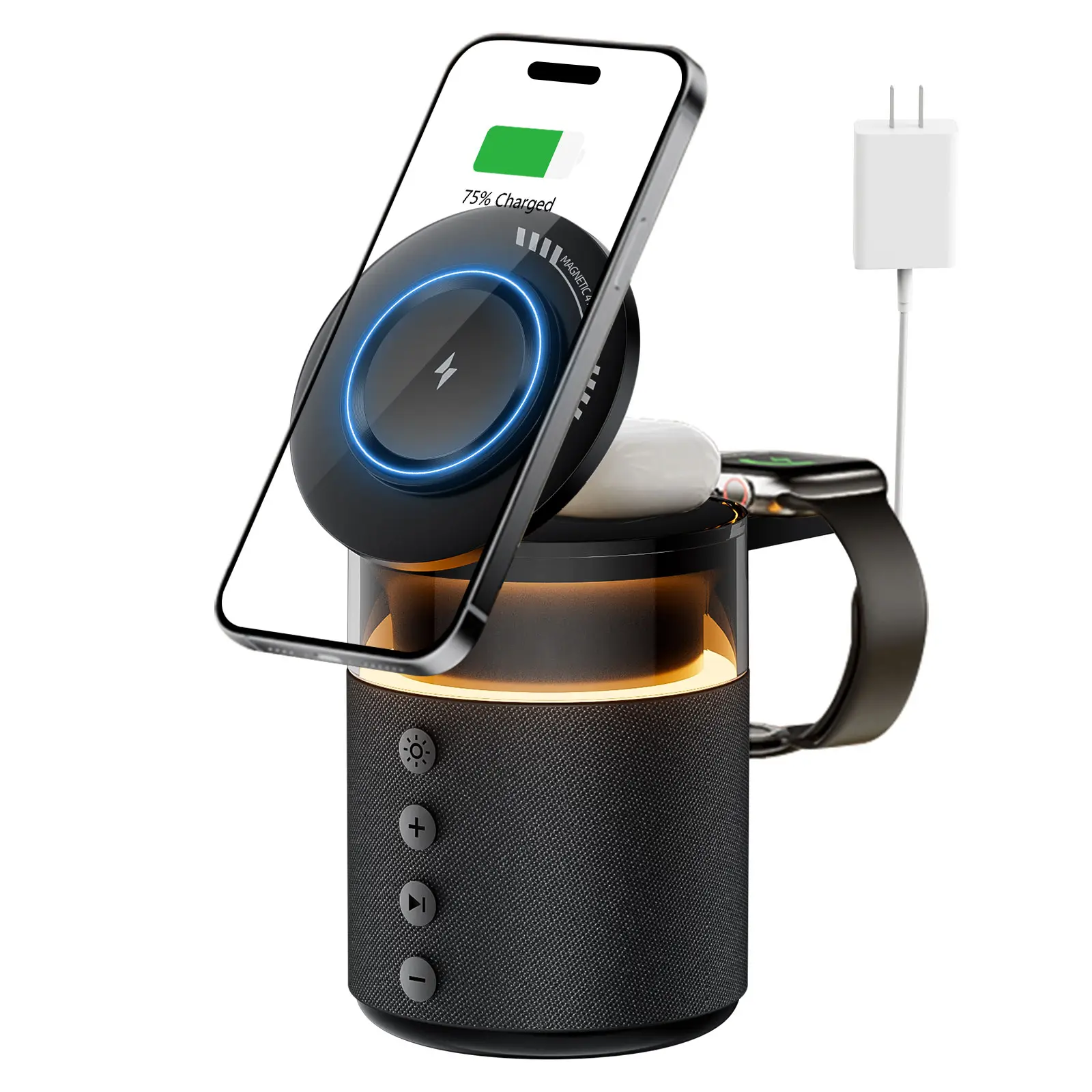 BLKE 5-in-1 Wireless Charging Station with Bluetooth Speaker Night Light 360° Stereo Sound MagSafe Fast Charger & Phone Stand 33W Adapter Included Com