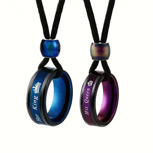 Adjustable Stainless Steel Couple Necklace Set - Rings With Rainbow Beads For "Her King" And "His Queen", Perfect For Romantic Gifts, Valentine'S Day Gifts | Modern Necklace Set | Modern Craftsmanship