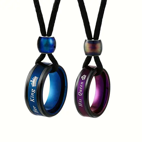 Personalized Unisex Geometric Couple Jewelry Set - Modern Stainless Steel Lettered "Her King" & "His Queen" Ring Pendants, Adjustable PU Leather Rainbow Bead Necklace, Romantic Love Gifts for Women & Girlfriend (Engagement Valentine's Day)