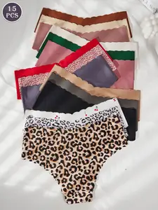 Women's Low Waist Underwear Set, Leopard Print, Sexy Style, Comfortable Knit Fabric, Perfect for All Seasons, 15 Pieces Pack, Soft Comfy Panties, Fashion Comfy Underwear