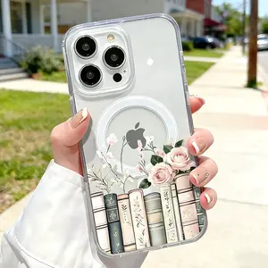 Vintage Floral Bookshelf Pattern Clear Wireless Charging Protection Shockproof Slim Magnetic Phone Case For iPhone 17 16 15 Pro Max 14 13 12 11 X Plus Air