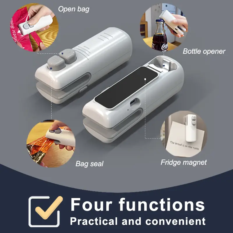 Mini Handheld Bag sealer, 4 in 1 snack Bag sealer, Plastic Bag Resealer Machine with Cutter, Bottle opener, Fridge magnet, USB rechargeable, Keep food