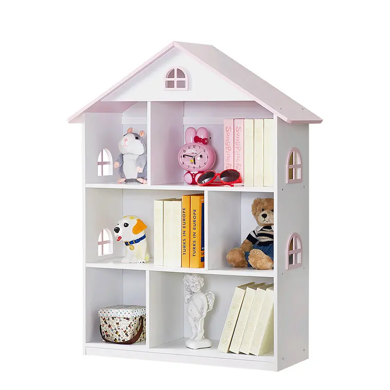 Kids Dollhouse Bookshelf, Multi-Cubby Open Display Stand for Kids Room Decor, Fairytale Princess Themed Play Villa for Girls Ages 3+, Size 83×30×106.5cm, CPC Certified