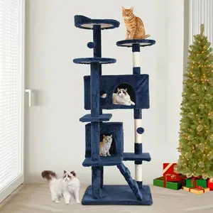 Niamvelo 54-In Double Condo Cat Tree Tower Playhouse with Scratching Post & Perch for Indoor Cats Navy Blue NiamVelo High Quality Particle Board 2 Spacious Rooms 3 Platforms 4 Floors Design