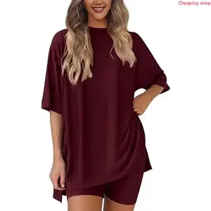 【Summervibes】2Pcs Women Outfit, Oversized Side Split Tee & High Waist Shorts Set, Soft Casual Loungewear, Elastic Loose Workout Tracksuit, Plus Size XS-4XL Daily Street Sports Home Relax Wear