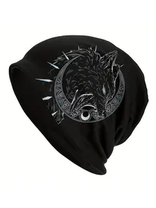 Chase The Moon Viking Skull Beanie - Black Unisex Ski Cap with Artistic Wolf Design, Thin Retro Style, Polyester Blend for Men’s Fashion Beanies