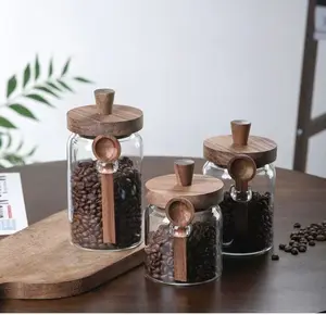 3-Piece Glass Storage Jars with Wooden Lids & Spoons - Airtight Containers for Coffee Beans, Snacks, Pantry Organization Bottles Gift Silicone Minimalist Canister Organiser Tin