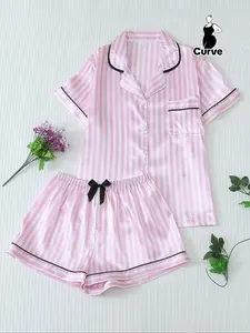Women's Plus Size Satin Pajama Set, Summer Short Sleeve Lapel Top & Bow Shorts, Comfortable Home Wear, Elegant Sleepwear