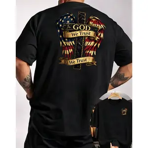 Men's American Faith Style In God We Trust Cross Wings Double-sided Print T-shirt Front & Back Casual Top