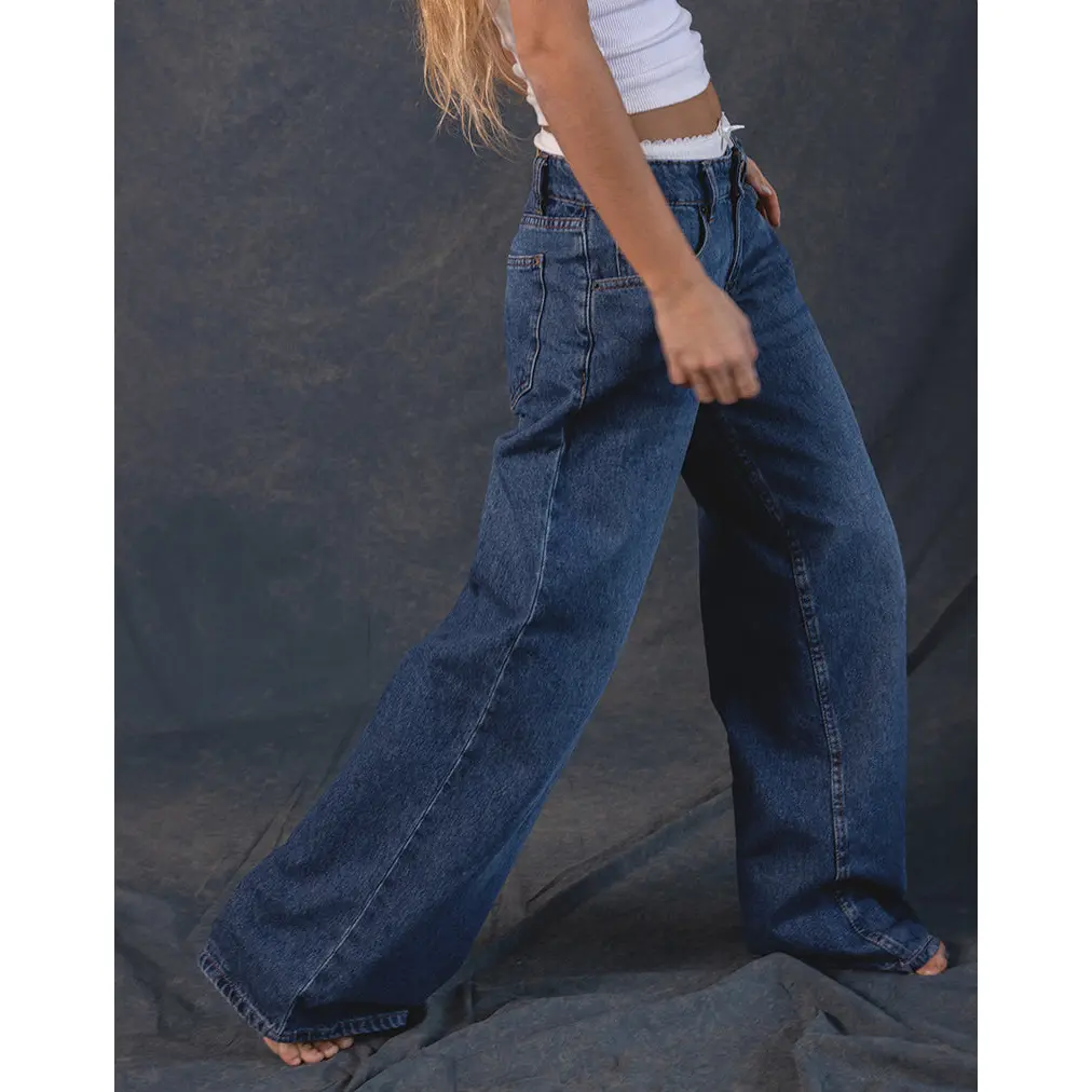 Motel Rocks Women's Low-Rise Oversized Bottoms - Mid Blue Recycled Cotton Denim Fabric Jeans, Roomy Extra Wide Leg, Branded Back Tab, Functional Pocket, Baggy Loose Jeans, Casual Jeans Pants