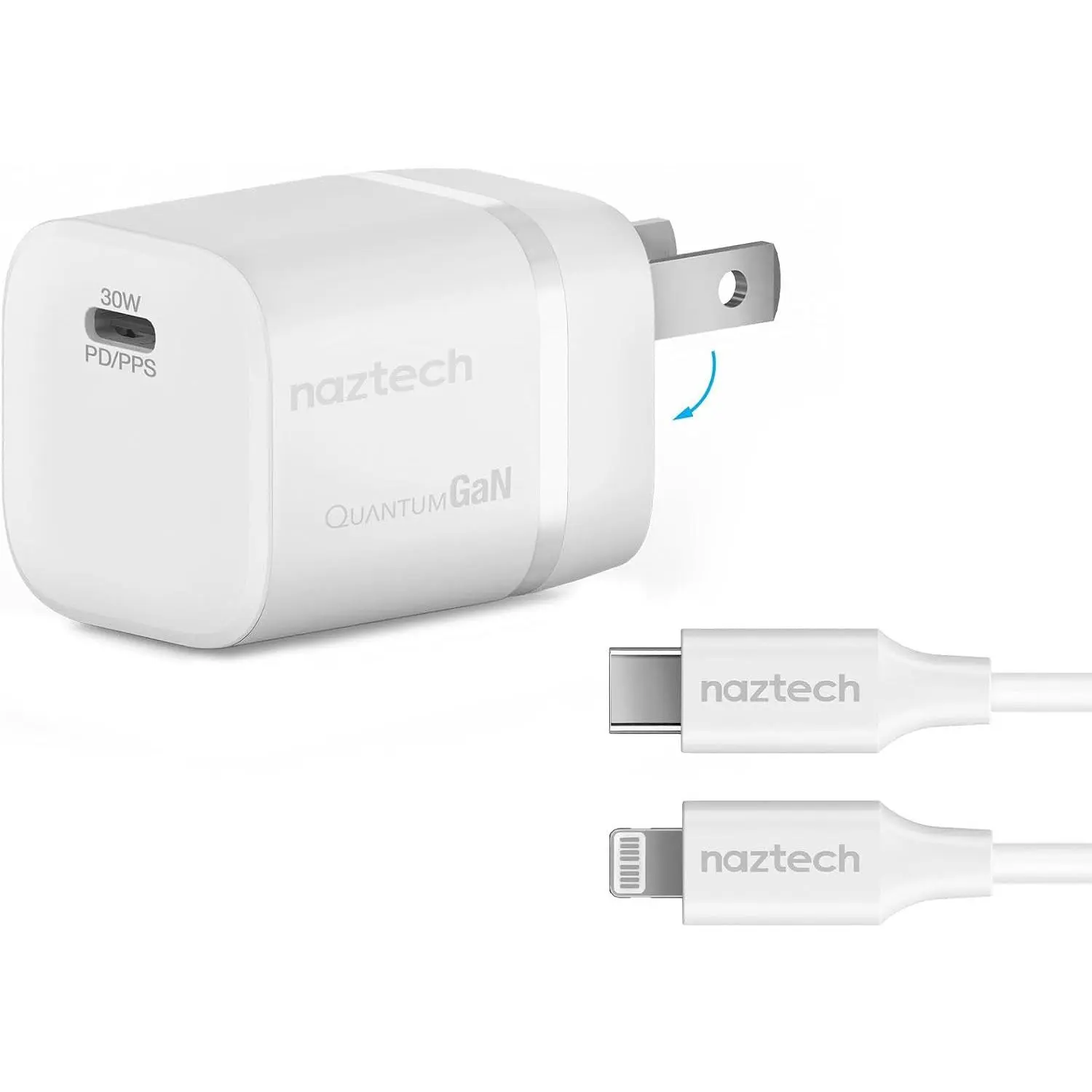 Naztech Fast 30W GaN Wall Charger with USB-C to Lightining Charging Cable/Cord, Fast Charger Adapter/Block Compact & Portable with Foldable Prongs