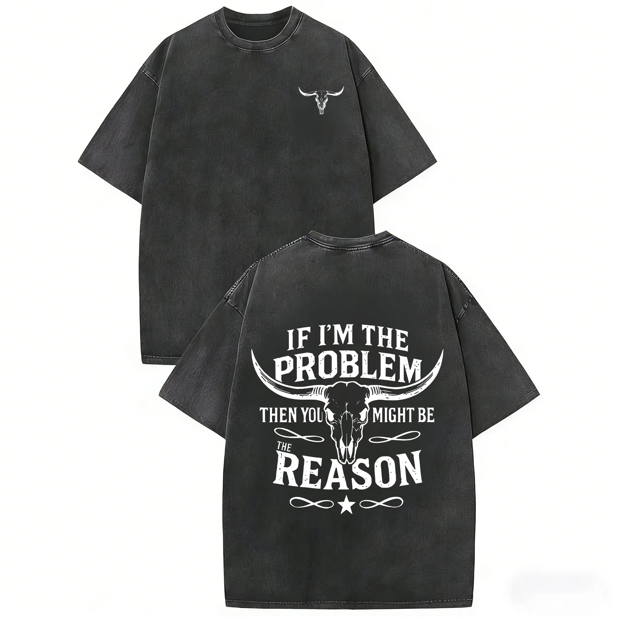Menswear Cotton Shortleeve Casual Streetwear T-Shirt - 'If I'm the Problem Then You Might Be the Reason' Graphic, Longhorn Skull Design, Bold Country Rodeo Style Unisex Retro Distressed Washed Tee for Spring Summer, Shortsleeve