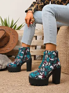 Women's Rose Skull Boots, Lace-Up Platform Design, Soft Sole Thick Heel, Round Toe Shoes for Halloween Party, Fashionable & Comfortable