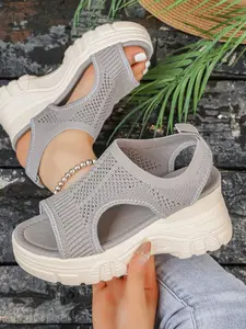 Casual Flyknit Thick Sole Fish Mouth Sandals, Summer Women, Elastic Fit, Shock Absorption, Breathable, Pair with Jeans and Dresses, Daily Wear, Commute Friendly