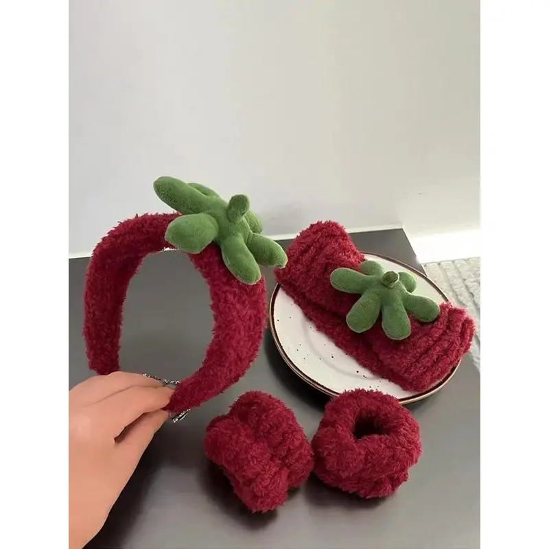 Cute Strawberry Design Hair Band & Wristband & Hair Hoop, Soft Comfort Headband & Hair Band & Wristband, Fashion Hairstyle Accessories Set for Women & Girls