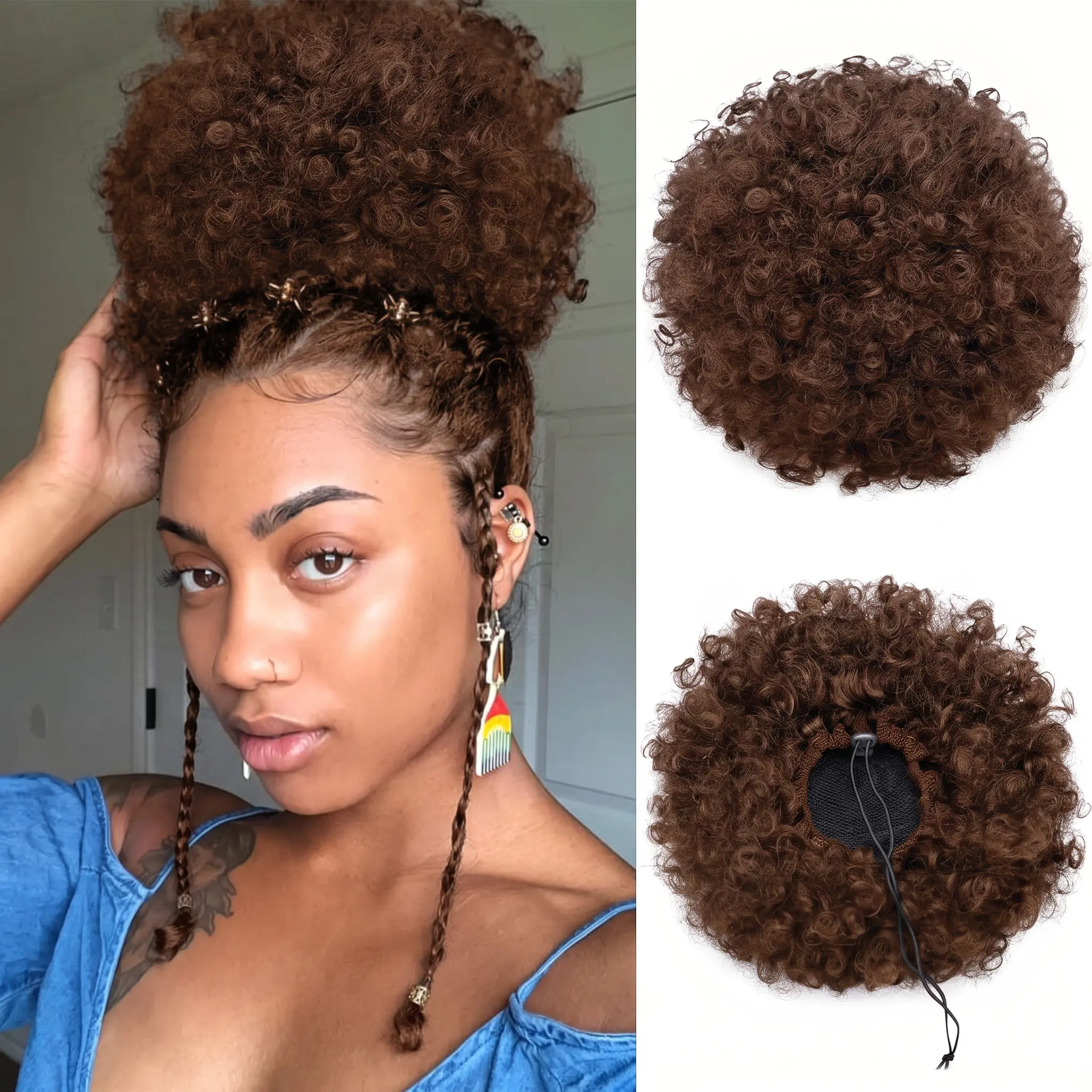 2# Brown Short Afro Puff Drawstring Ponytail - Human Hair Short Afro Kinkys Curly Afro Bun Extension Hairpieces Updo Hair Extensions with Two Clip