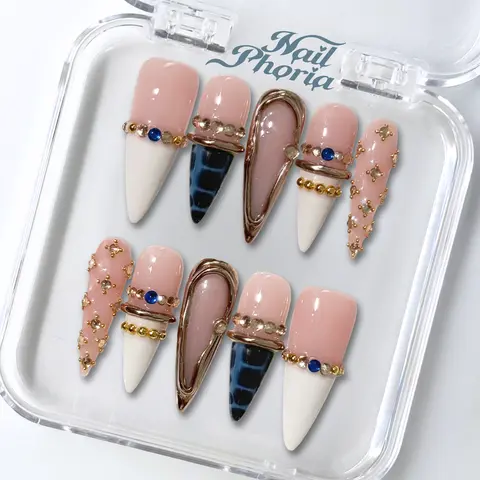 NailPhoria SICILIAN SAPPHIRE - Fall Handmade Press-On Nails | Reusable, Salon-Quality, Long-Lasting, Glossy Design - Long Stiletto 33mm