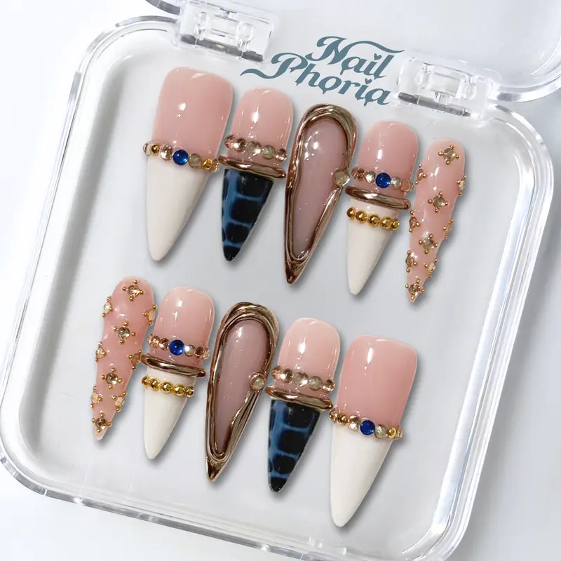 NailPhoria SICILIAN SAPPHIRE - Fall Handmade Press-On Nails | Reusable, Salon-Quality, Long-Lasting, Glossy Design - Long Stiletto 33mm