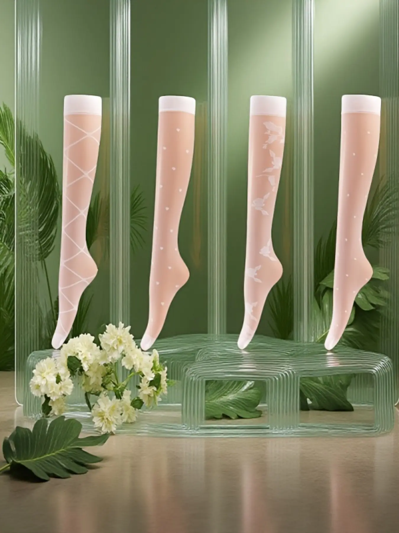 4 Pairs Women's Transparent Knee-High Socks, Luxurious Floral Pattern, Elegant Lightweight, Chic, Classic, Comfortable Breathable Outdoor Socks, Elegance