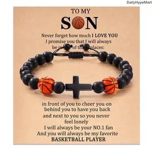 Natural Stone Sports Bracelet Baseball Themed Inspirational Gift with Cross & Basketball Beads Faith Passion Message for Teen Boys Baroque Style Anniversary Accessory