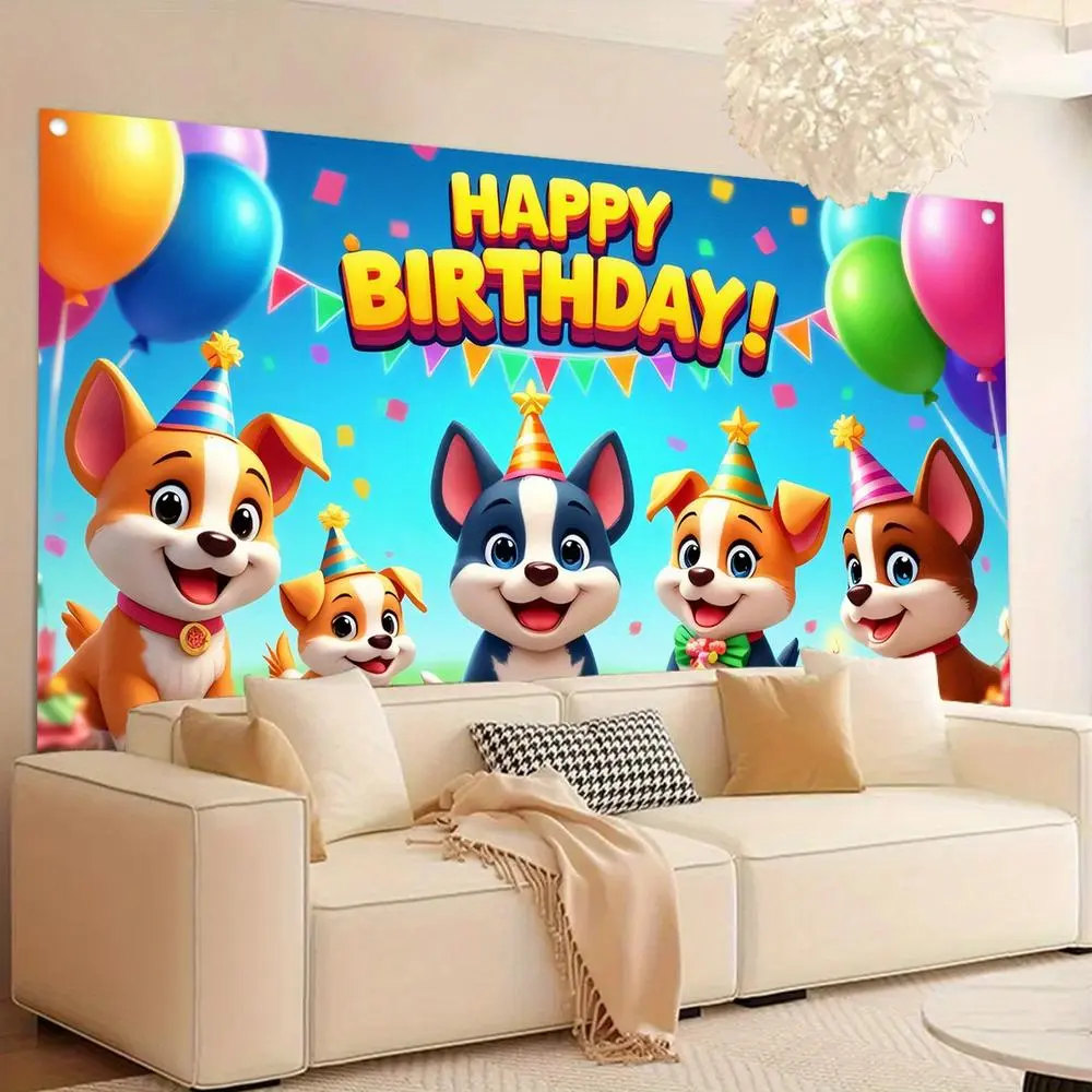 1pc Soft 2D Flat Puppy Wall Decoration, Cartoon-Style Durable Polyester Backdrop with 5 Adorable Puppies, Balloons, Confetti for Indoor/Outdoor Birthday, Baby Shower Banners Ornaments