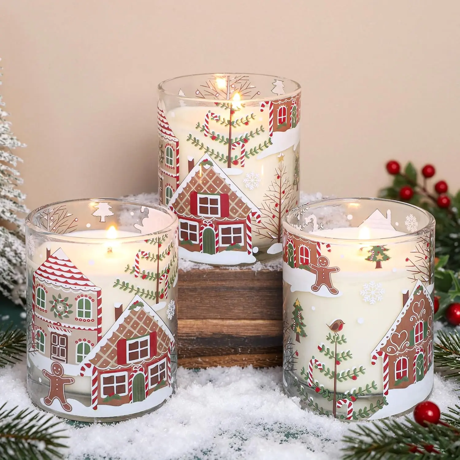 Jar Candles Scented Set of 3 Christmas Gingerbread Scented Candle Festive Decorative Xmas Table Centerpiece Winter Holiday Glass Long Lasting Soy Wax Candle Gifts for Women Home Decor