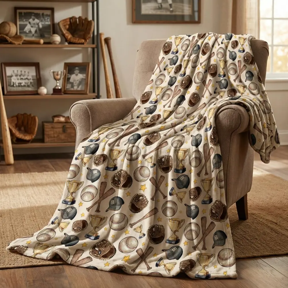 Soft Fuzzy Baseball Flannel Throw Blanket - Brown Plush Fleece Fluffy Blanket, Ideal for Couch Lounging, Perfect Gift for Adults, Fluffy Blankets, Baseball Shape Blankets