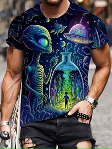 Men's Sportswear Outdoor Alien Pattern Printed Short Sleeve Summer Top, Activewear T Shirt, Fitted Long Clothing, Mature Streetwear Style
