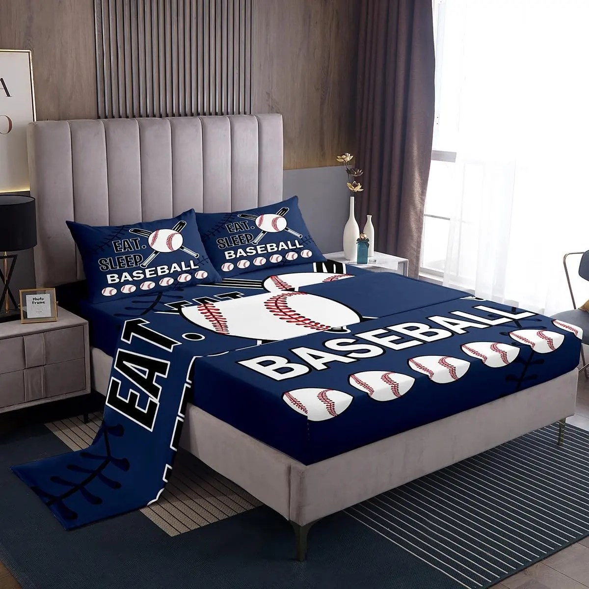 Feelyou Baseball Theme Microfiber Bedding Sheet Set - Soft, Breathable Fitted Sheets with Green Eat Sleep Baseball Print for Boys, All-Season Sports Decor for Gamer Bedrooms, Breathable Sheets