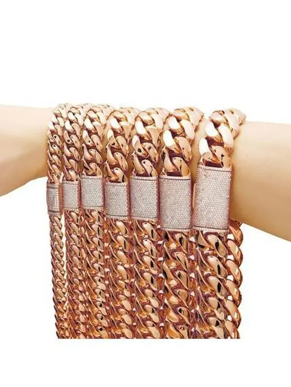 Men's Jewelry Rose Gold Cuban Chain Necklace Thin Cut Dense Chain Flip Cover Micro Pave Zirconia Diamond Clasp N-JMBZ