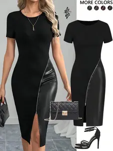 Women's Casual Minimalist Aesthetic Solid Color Short Sleeve PU Leather Patchwork Fitted Dress, Womenswear, Zipper Design, Perfect for Daily Wear, Stylish and Comfortable