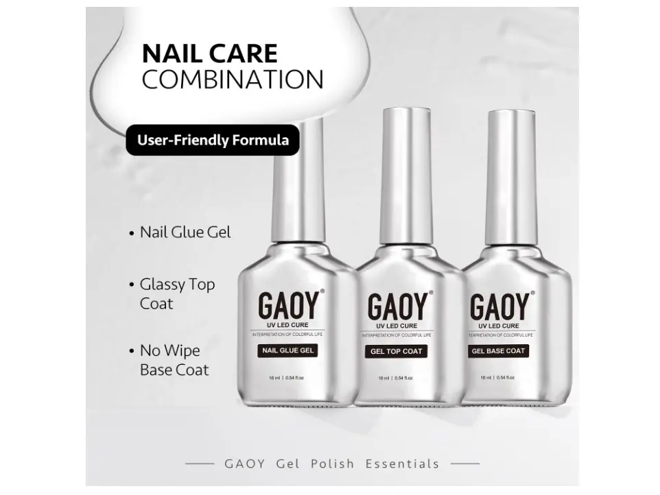 GAOY Gel Top Coat, Nail Glue Gel and Base Coat Set, 3 Pcs 16ml Clear Glossy No Wipe Combination for UV Light Cure