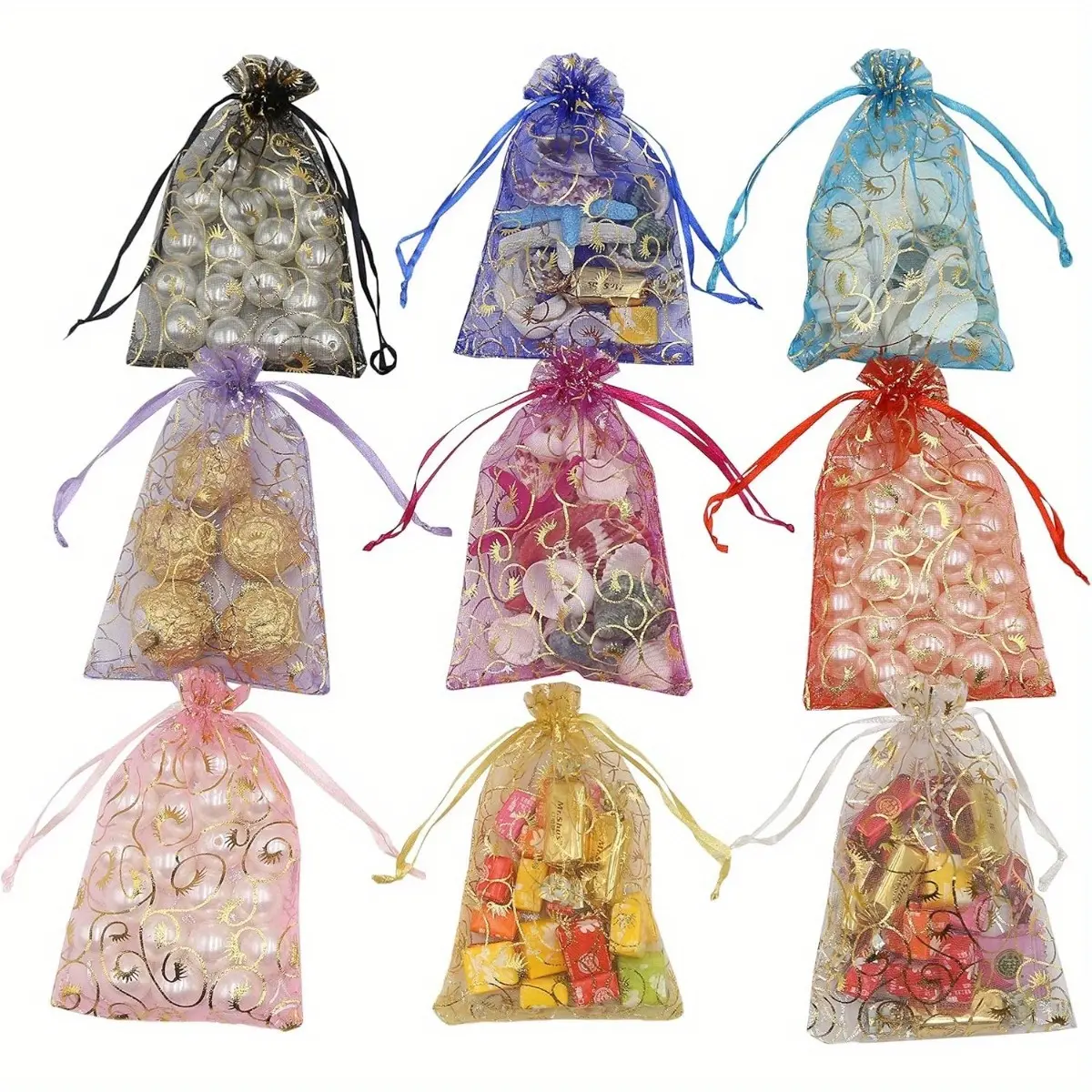 100PCS Mixed Colors Sheer Organza Drawstring Gift Bags - 4x6 in Patterned Lace Mesh Pouches for Wedding Party Favors, Jewelry Storage