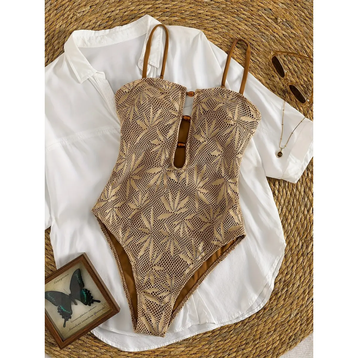 Bohemian Crochet One-Piece Bathing Suit - Keyhole Cutout, Sheer Lace Overlay & Adjustable Straps |     Trendy Neutral Swimwear for Bachelorette Trips, Pool Parties & Vacation Photos |     Breathable Fabric & Flattering Fit for All Body Types!