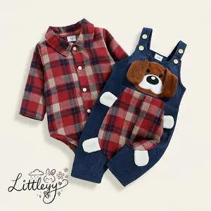 Infant Baby Boys Suit, Spring Autumn Long Sleeve Plaid Romper+Cartoon Dog Pattern Long Suspender Pants