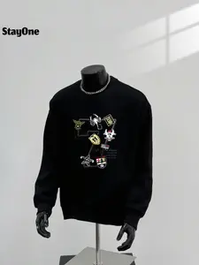 StayOne black Crewneck Sweatshirt with Patchwork Graphic Design Featuring Yoda Spider Skull and Flag Motifs for Streetwear Fashion